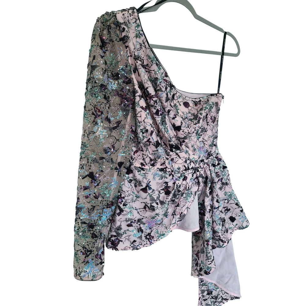Self-Portrait Asymmetric Sequinned Floral Mesh One Shoulder Top Pink Size 2 - Picture 3 of 9